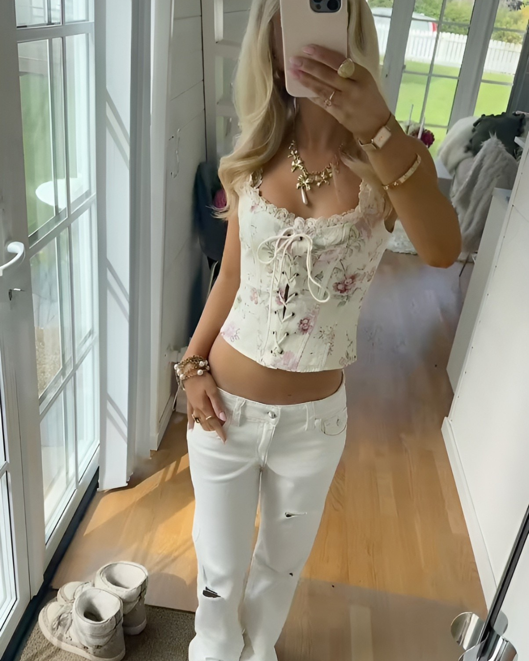 Blomsterkorsetttopp med blonder